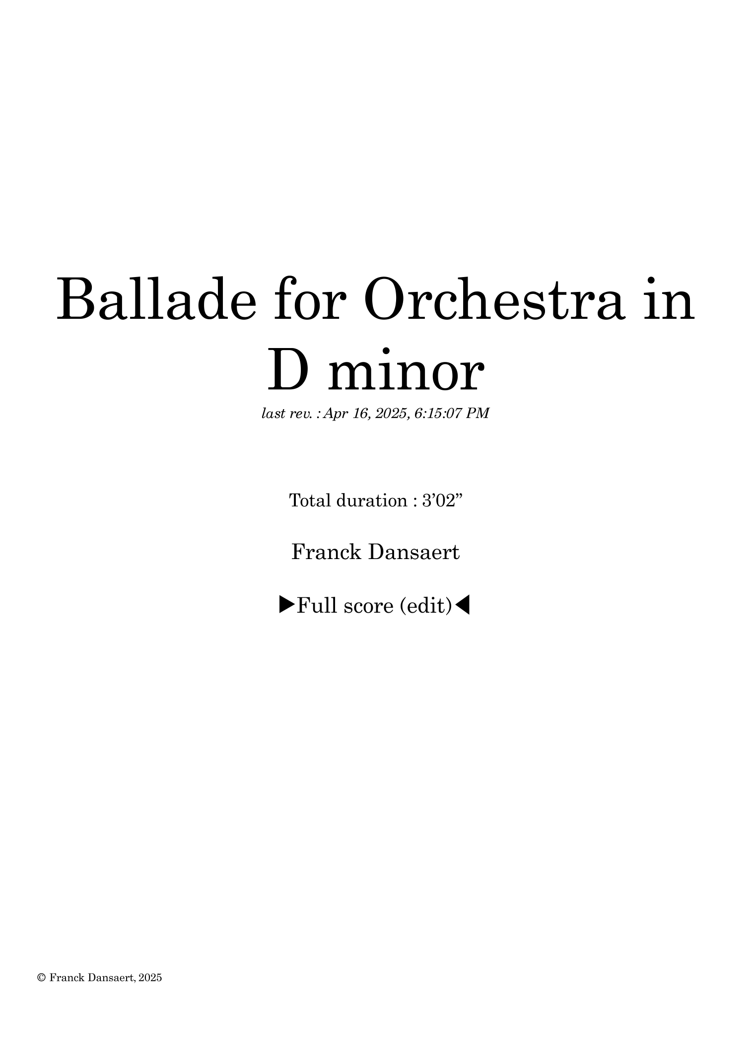 D小调管弦乐叙事曲 Ballade for Orchestra in D minor - 仅总谱 Score Only (Franck Dansaert, 管弦乐团 Full Orchestra) - 预览