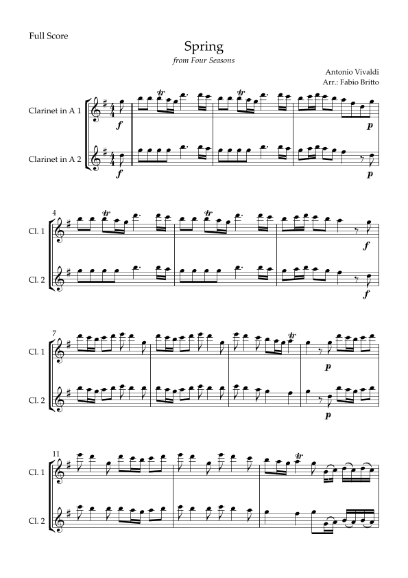 Spring (from Four Seasons of Antonio Vivaldi) for Clarinet in A Duo (arr. Fabio Britto) Partition Digitale