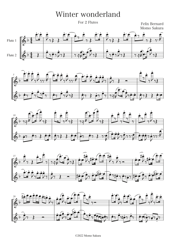 Winter Wonderland for 2 Flutes / Flute duet (Score and parts) Sheet