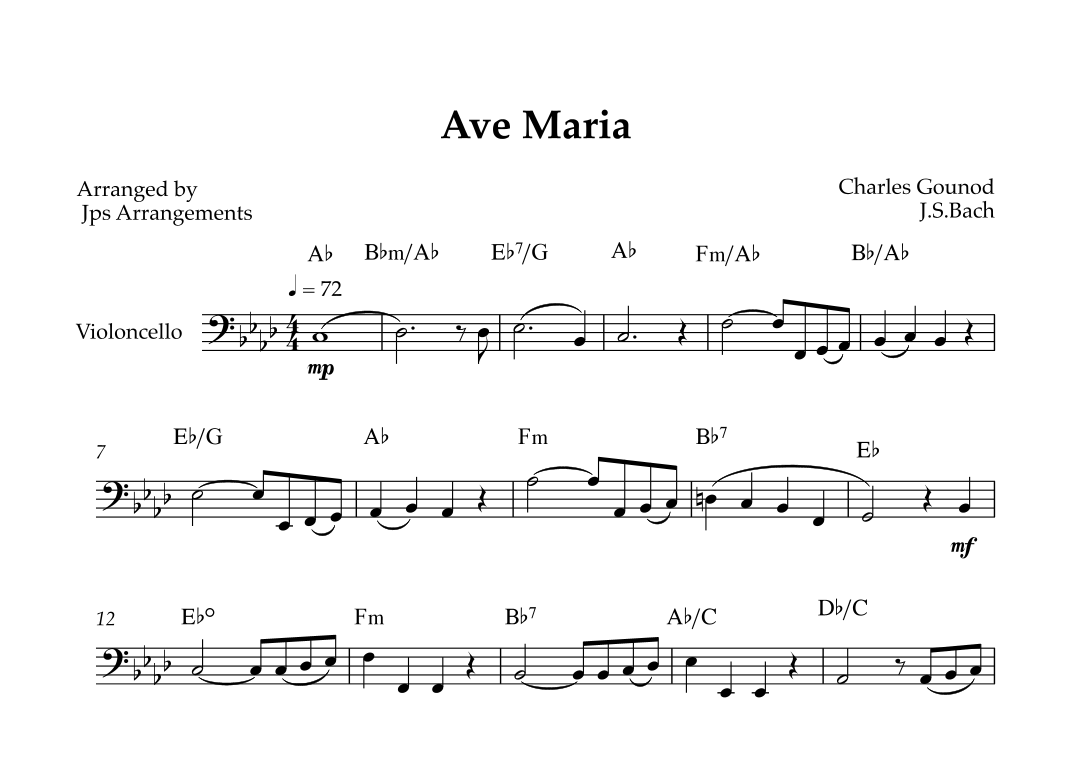 Ave Maria (Bach/Gounod) - for Easy Intermediate Cello in Ab Major (arr ...