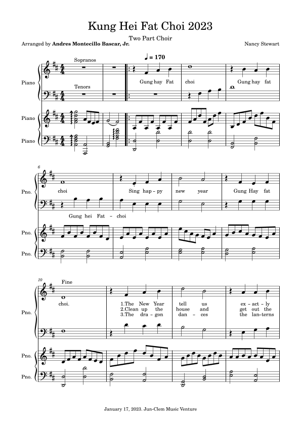 Kung Hei Fat Choi 2023 Sheet Music Nancy Stewart 2Part Choir