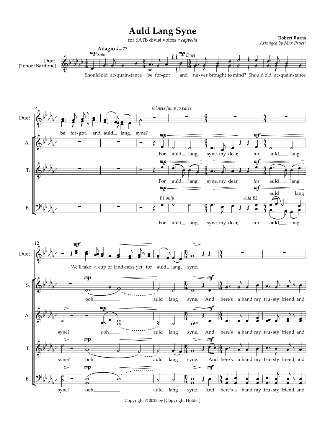 Auld Lang Syne by Robert Burns Sheet Music for SATB divisi Choir (arr ...