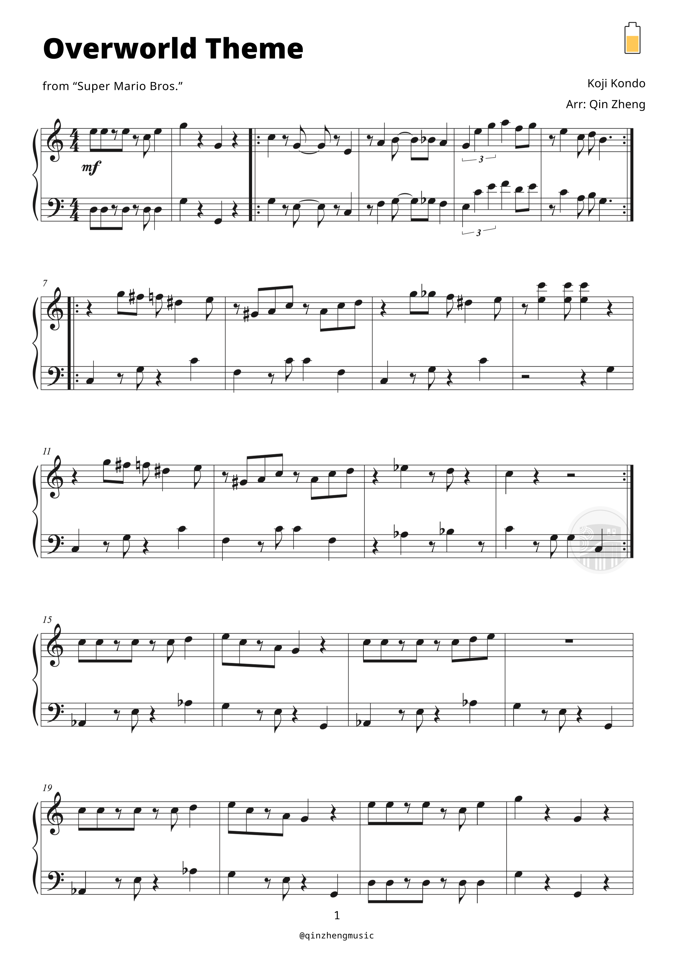 Super Mario Bros Theme (arr. Qin Zheng) Noten Koji Kondo Klavier solo
