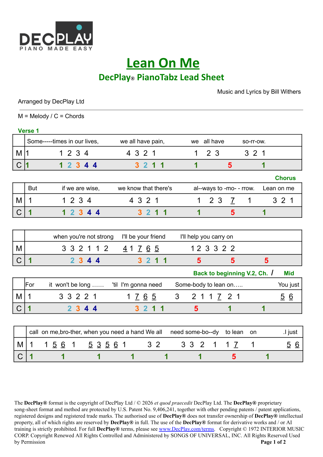 Lean On Me by Bill Withers Sheet Music for DecPlay Piano (arr. DecPlay ...
