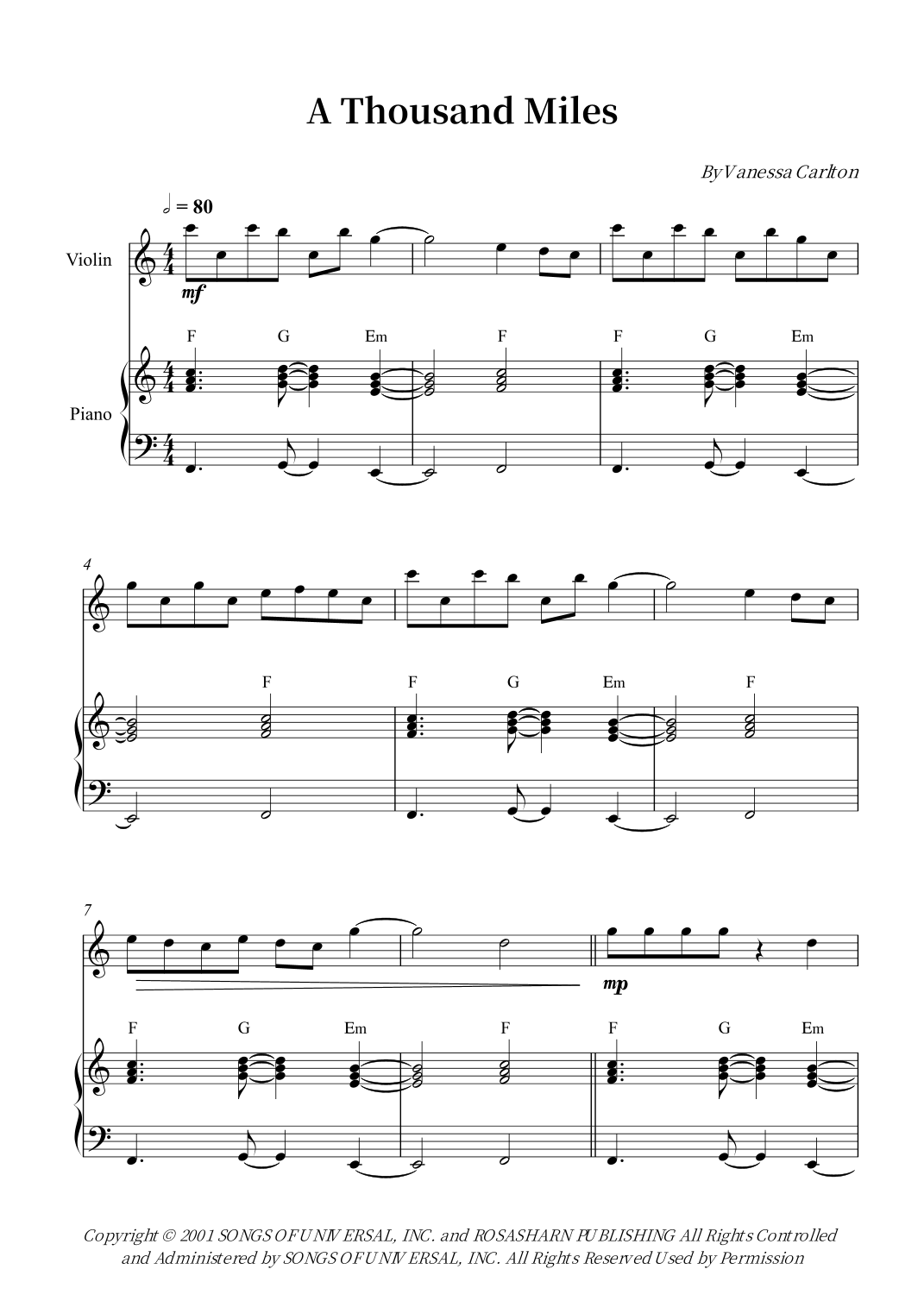A Thousand Miles by Vanessa Carlton Sheet Music for Piano & Vocal