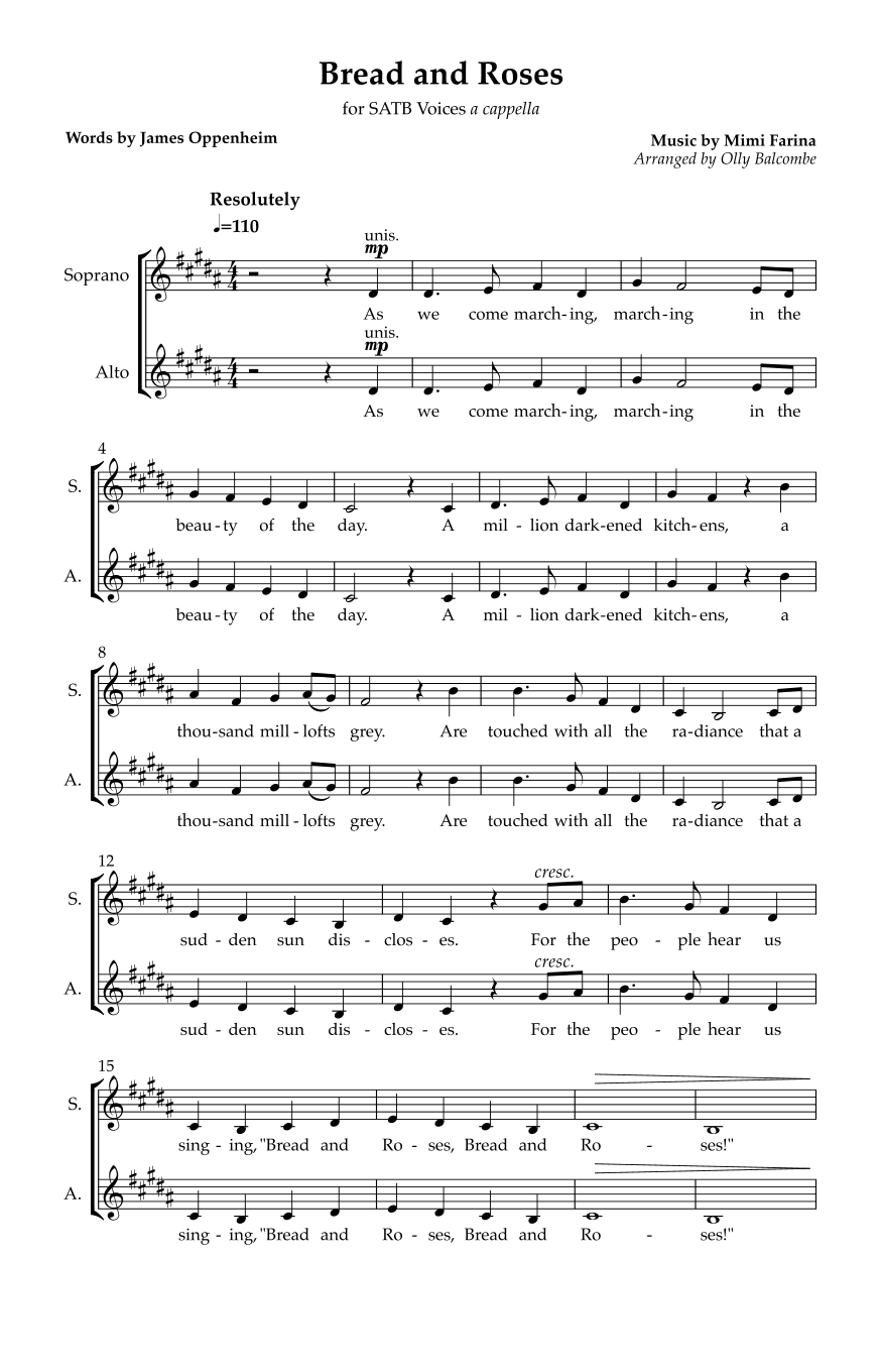 BREAD AND ROSES (ARR. OLLY BALCOMBE) POR JAMES OPPENHEIM AND MIMI ...