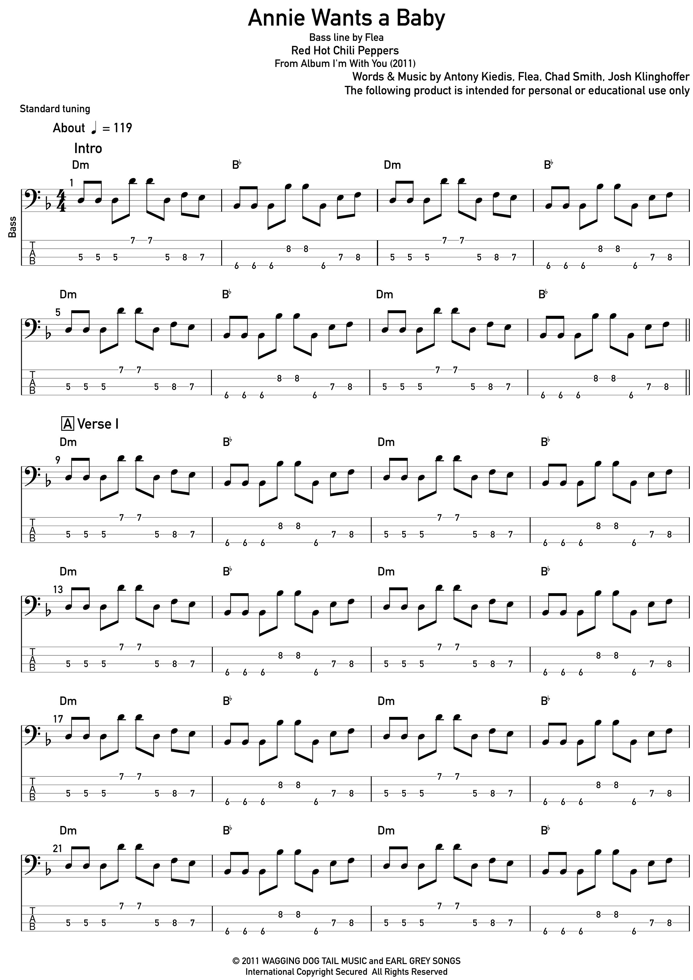 Annie Wants A Baby Sheet Music Red Hot Chili Peppers Bass Guitar Tab