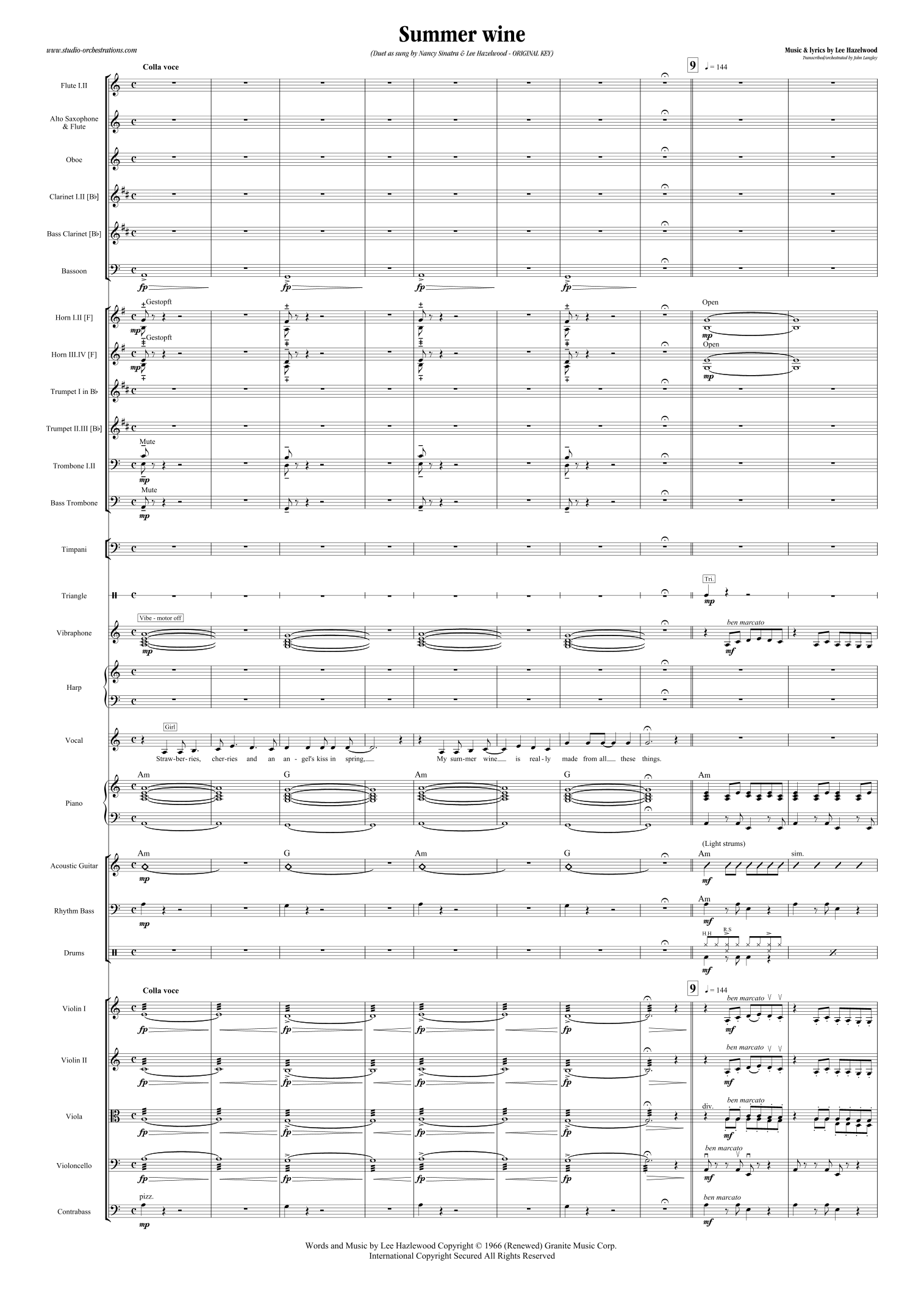 Summer Wine (arr. John Langley / Studio Orchestrations) by Lee Hazelwood Full Orchestra (管弦乐团全谱) - 预览