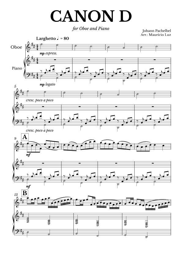Canon in D for Oboe and Piano Sheet Music Johann Pachelbel Oboe Duet
