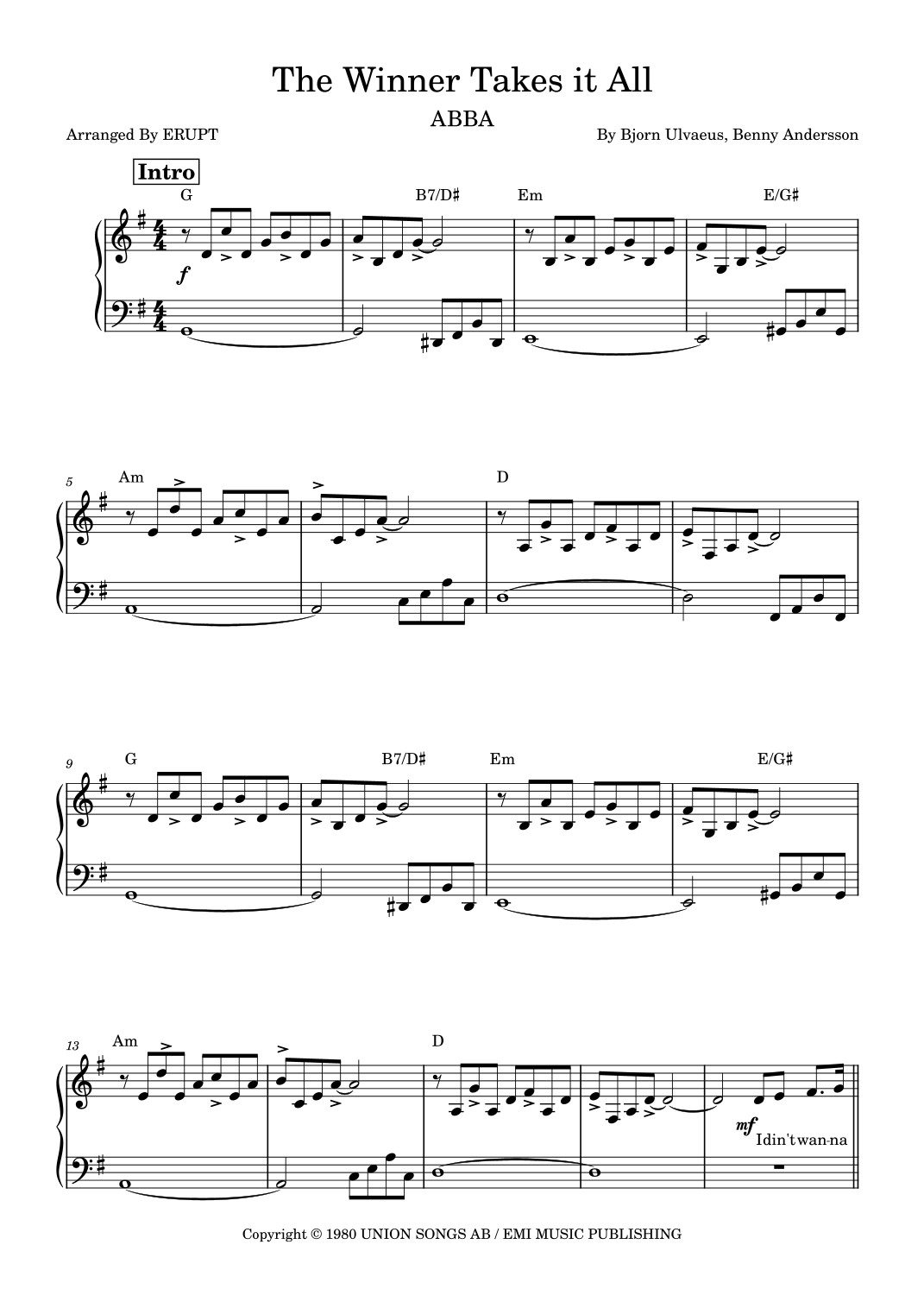 I Let The Music Speak by Benny Andersson Sheet Music for Piano