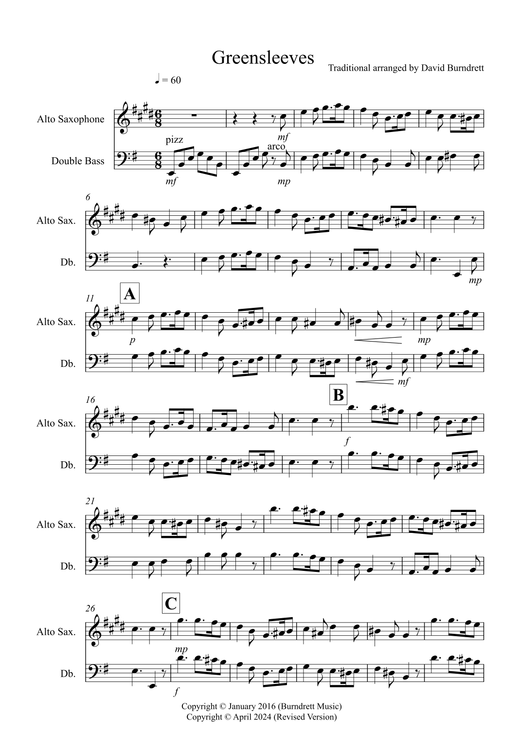 Greensleeves for Alto Saxophone and Double Bass Duet (arr. David Burndrett) Digital Sheet Music