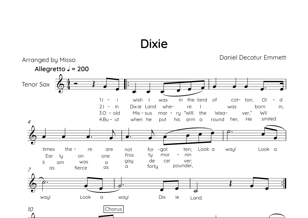 Dixie - Tenor Sax in Bb Major With Lyric (arr. MissoRB) Partituras Digitales