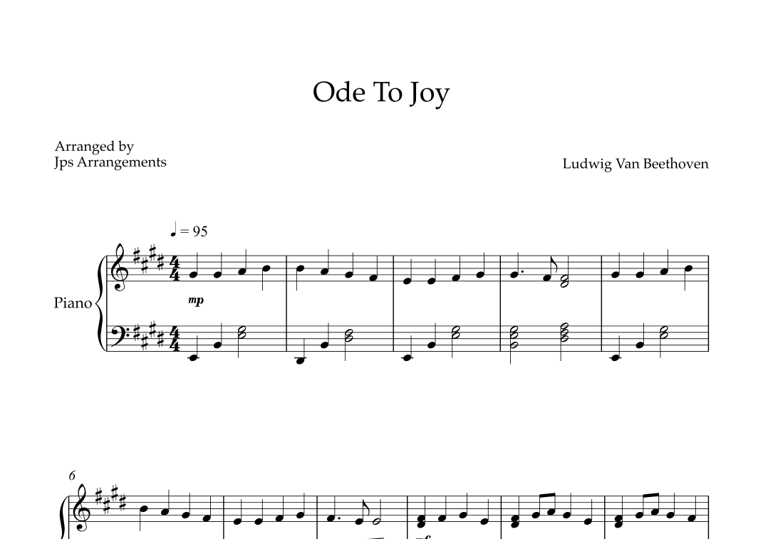 Ode to Joy - intermediate piano in E (arr. Jps Arrangements) by Ludwig ...