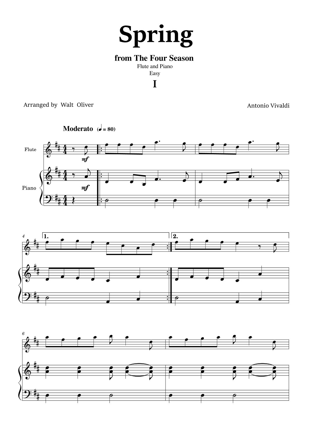 Vivaldi - The Four Seasons - Spring - 1st mov. - Easy - Flute and Piano ...