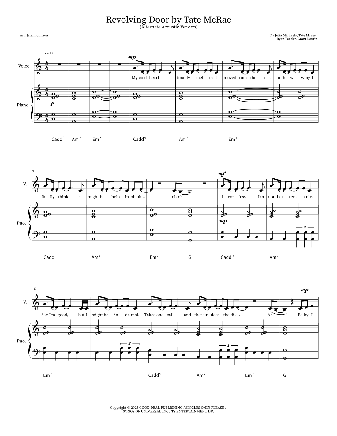 Revolving Door Text Revolving Door by Tate McRae Sheet Music for Piano, Vocal & Guitar ...