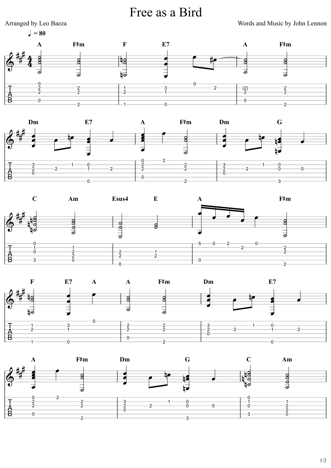 Free As A Bird by The Beatles Sheet Music for Solo Guitar at Sheet