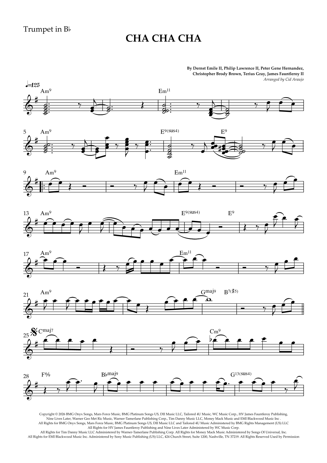 Cha Cha Cha (arr. Cid Araujo) by Bruno Mars Sheet Music for Trumpet ...
