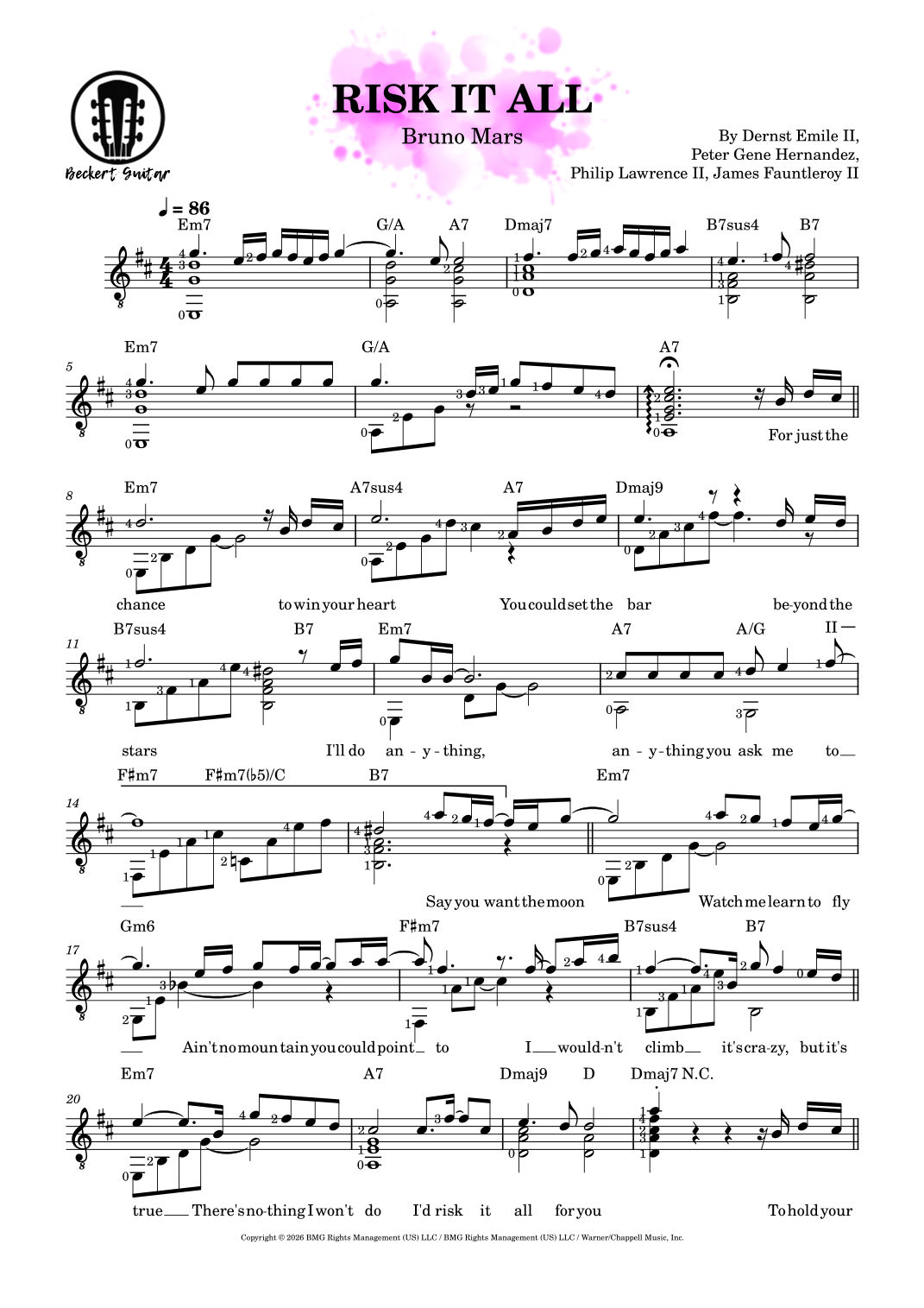 Risk It All (arr. Beckert Guitar) by Bruno Mars Sheet Music for Solo ...