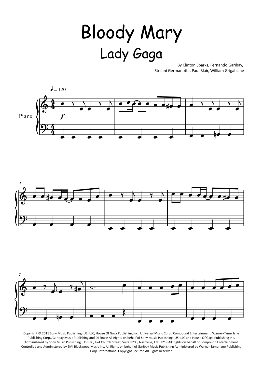 Bloody Mary (arr. Glauco Fernandes) by Lady Gaga Sheet Music for Easy Piano at Sheet Music Direct