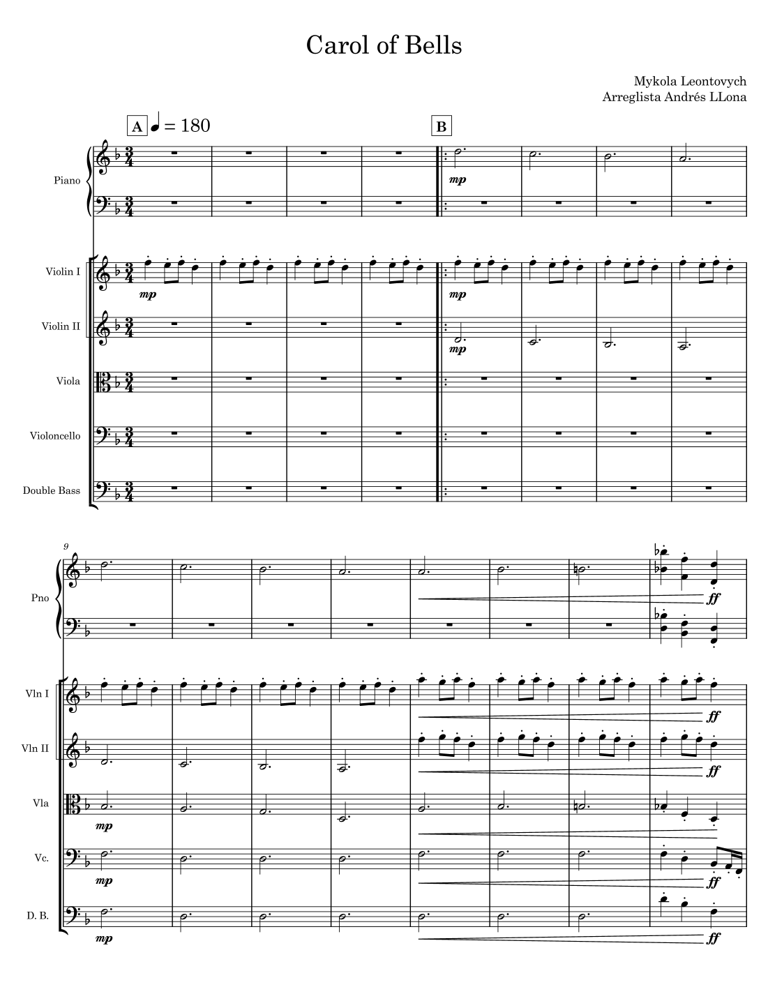 Carol of Bells (arr. Andrés LLona by Mykola Leontovych Sheet Music for ...