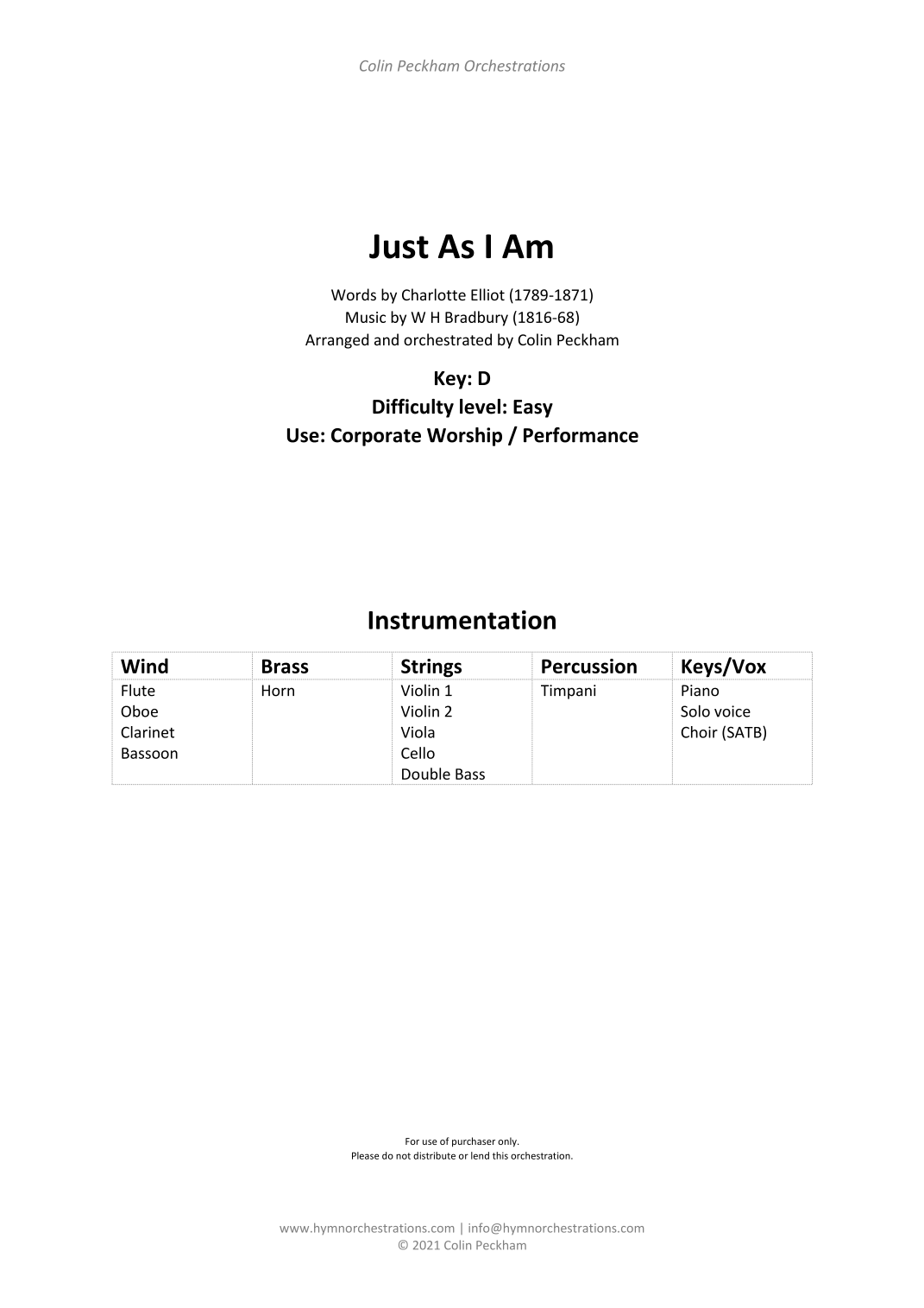 Just As I Am (arr. Colin Peckham) by W H Bradbury (1816-68) 管弦乐团 - 预览