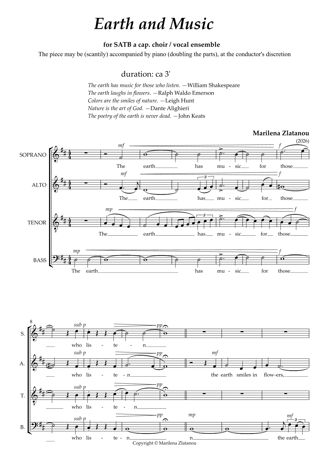 EARTH AND MUSIC, for SATB a cappella choir /vocal ens. by Marilena ...