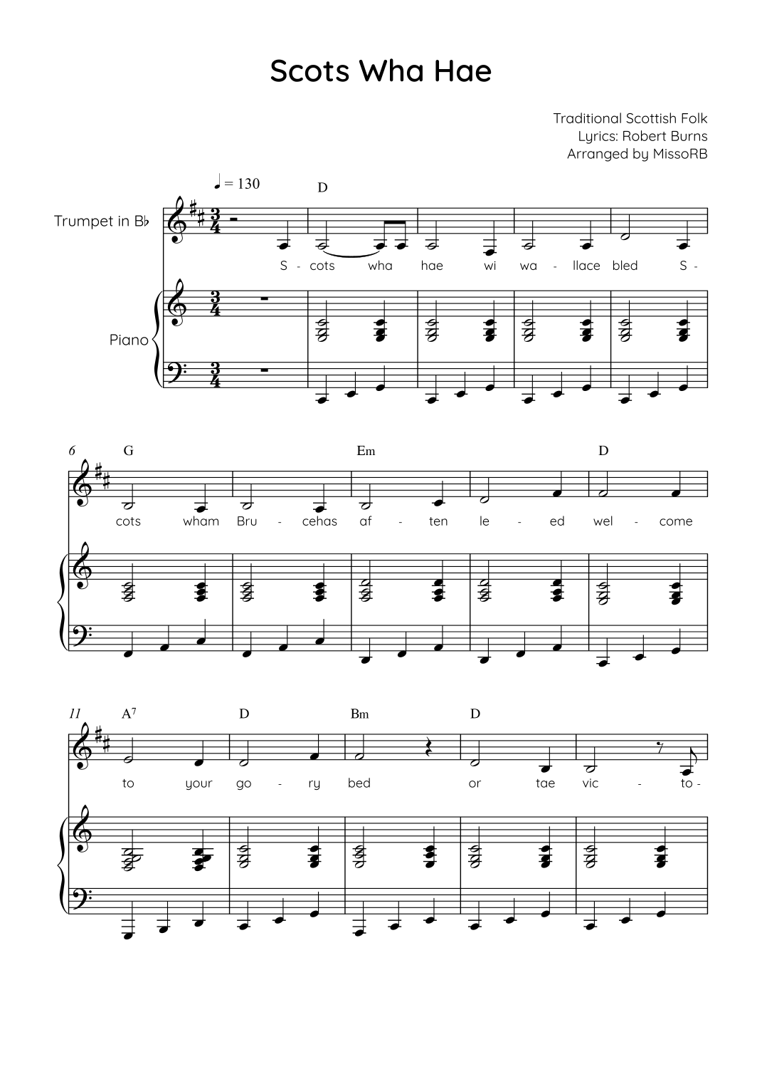 Traditional Scots Script Scots Wha Hae - Trumpet with Piano in C Easy with Chords and Lyrics ...