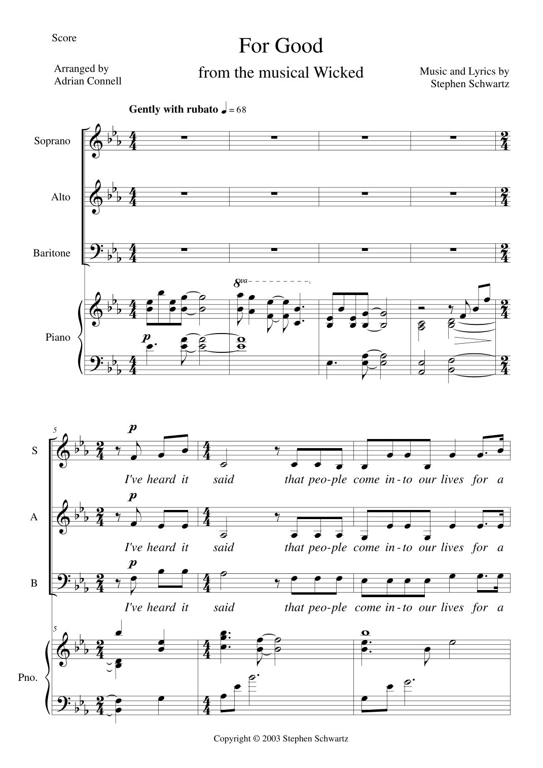 For Good Script For Good (arr. Adrian Connell) by Stephen Schwartz Sheet Music for SAB ...