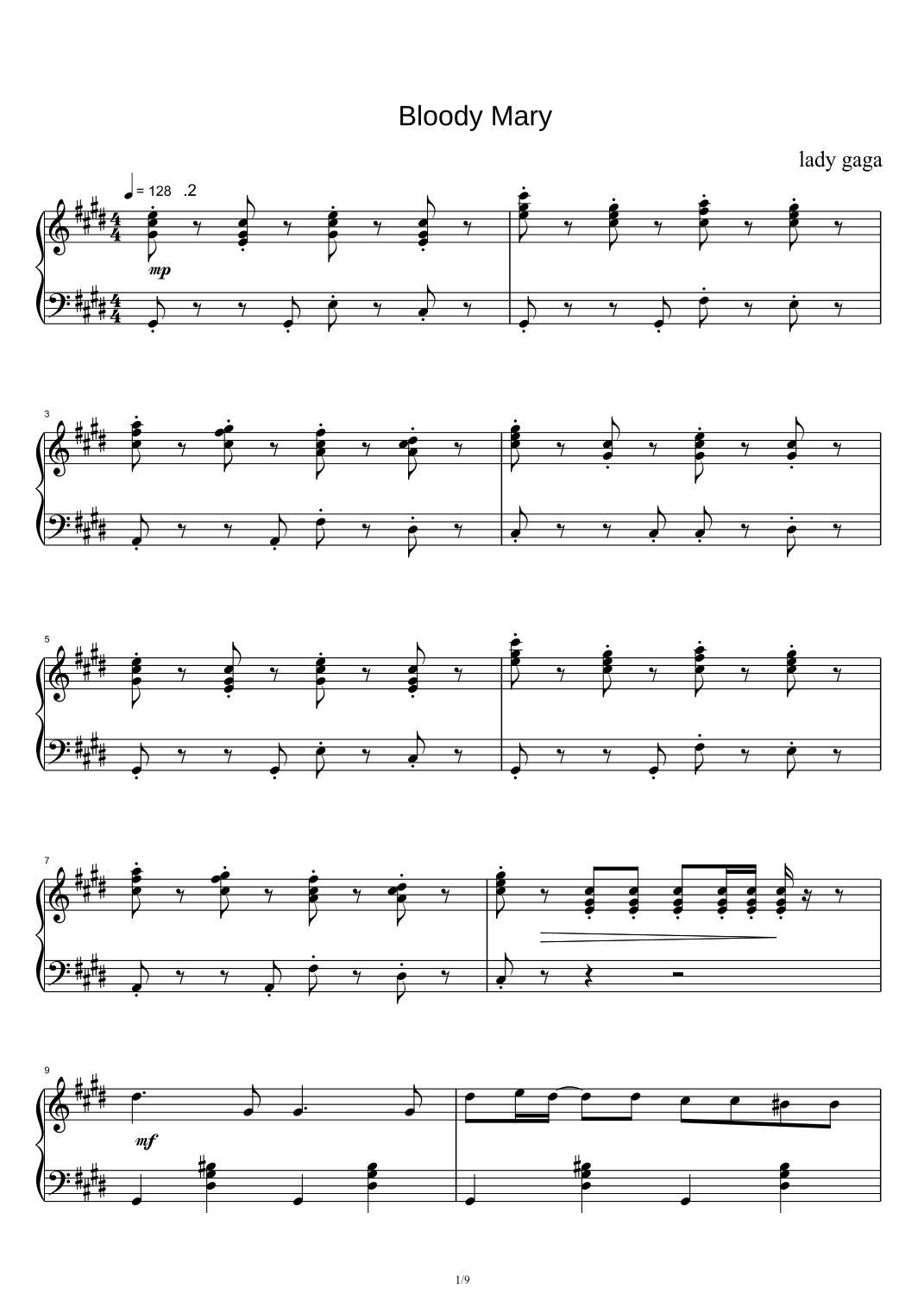Bloody Mary (arr. Lady Gaga) Sheet Music Lady Gaga Piano Solo