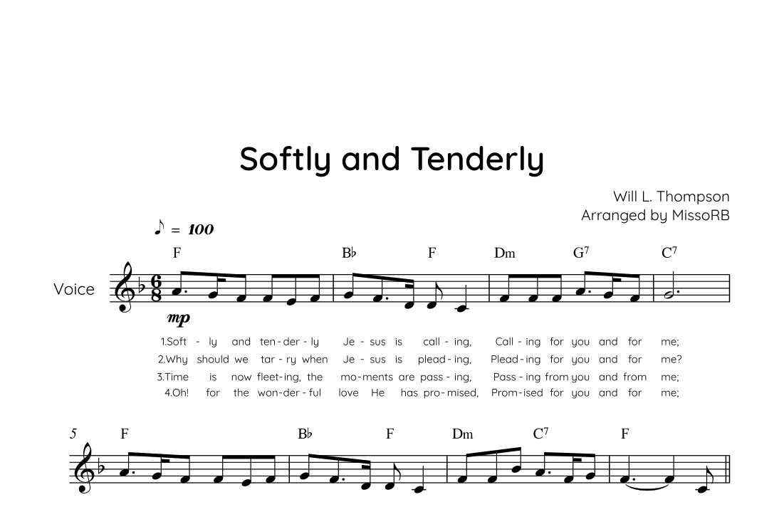 Softly Notes Softly and Tenderly - Voice in F Lead Sheet With Chords & Lyrics - Easy ...