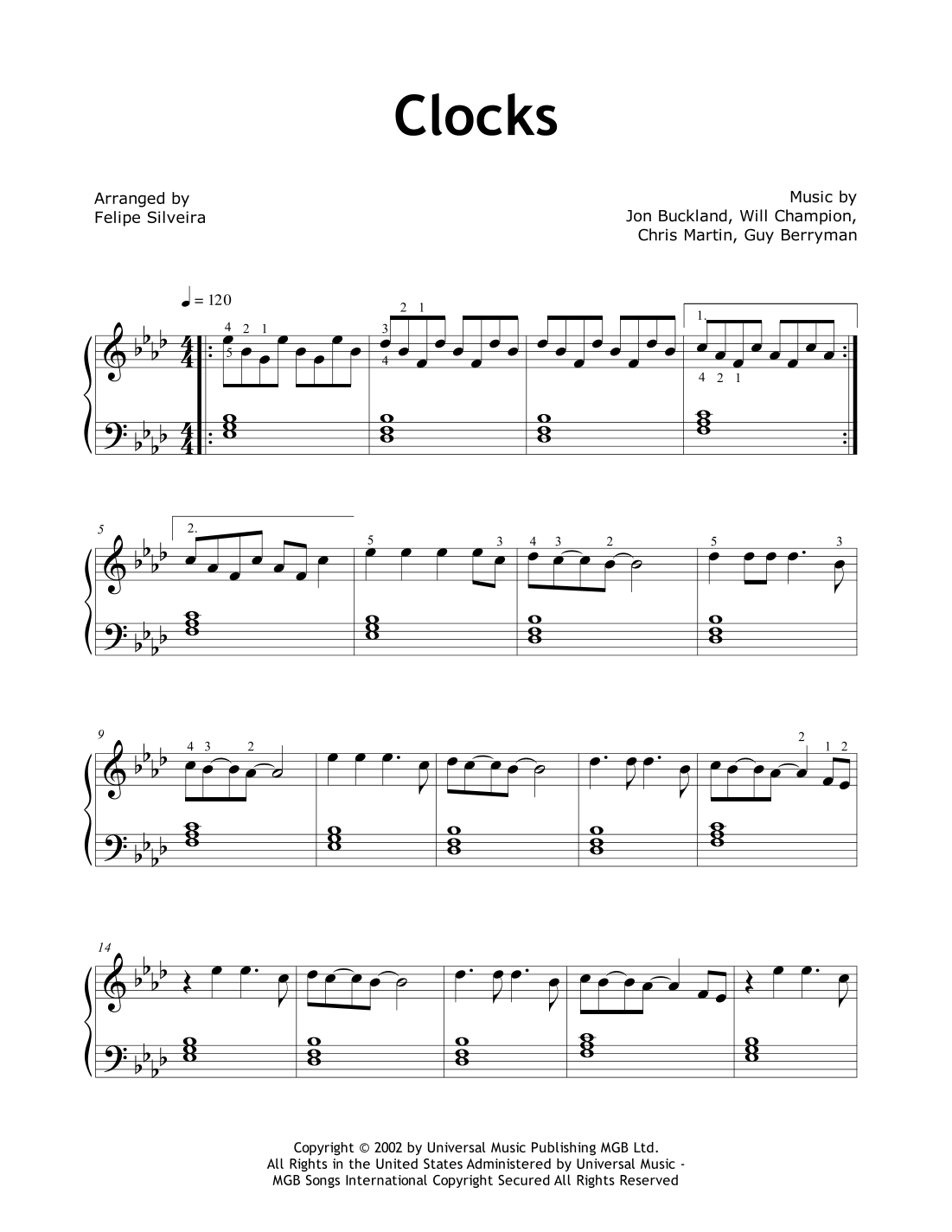 Clocks arr Felipe Silveira By Coldplay Sheet Music For Easy Piano At 
