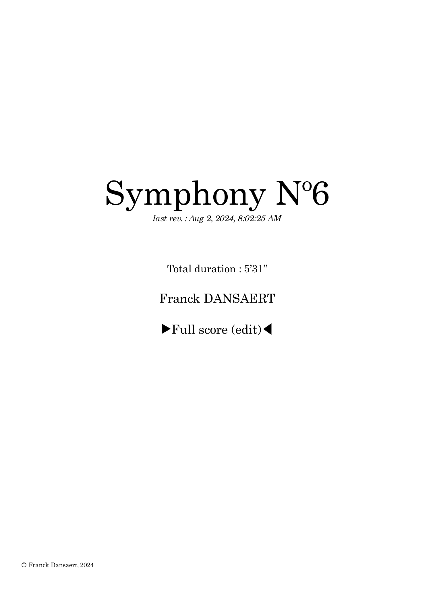 【弗兰克·丹萨特《第六交响曲》（第三乐章）管弦乐总谱】Symphony nº6 (third movement) - Score Only by Franck Dansaert Full Orchestra PDF乐谱下载