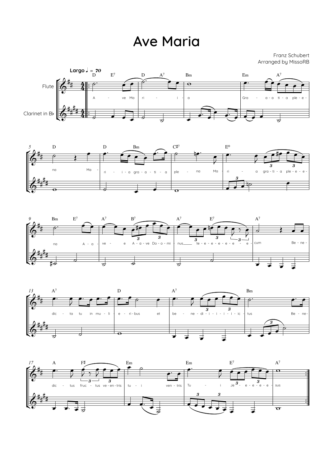 Ave Maria (Schubert) - Flute & Clarinet in D With Chords & Lyric - Easy ...