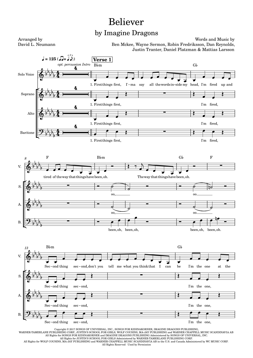 Believer (arr. David L. Neumann) by Imagine Dragons Sheet Music for SAB ...