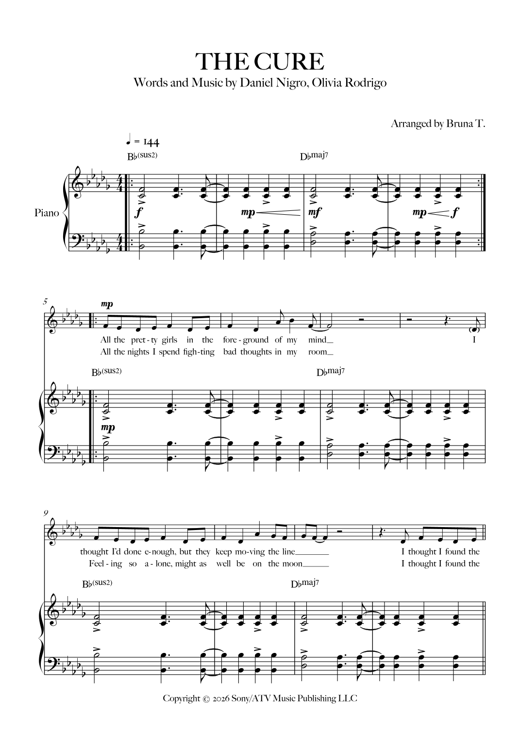 The Cure by Olivia Rodrigo Sheet Music for Piano & Vocal (arr