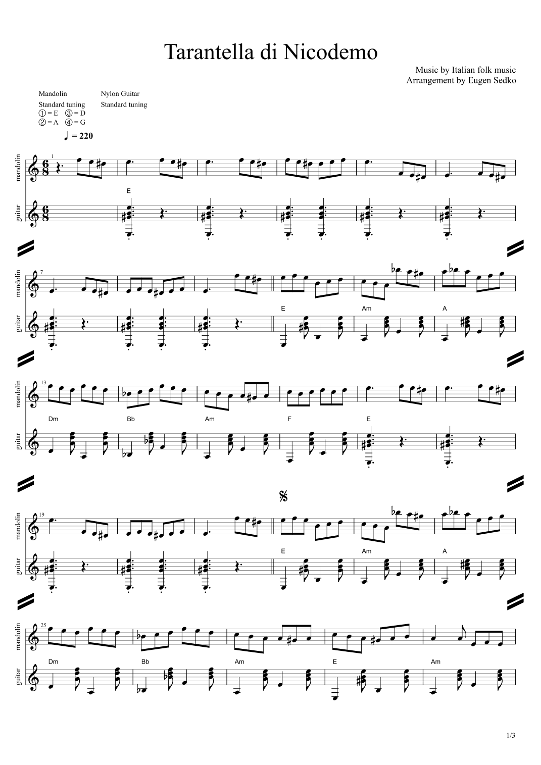Tarantella di Nicodemo (Siciliana), score for mandolin & guitar (arr
