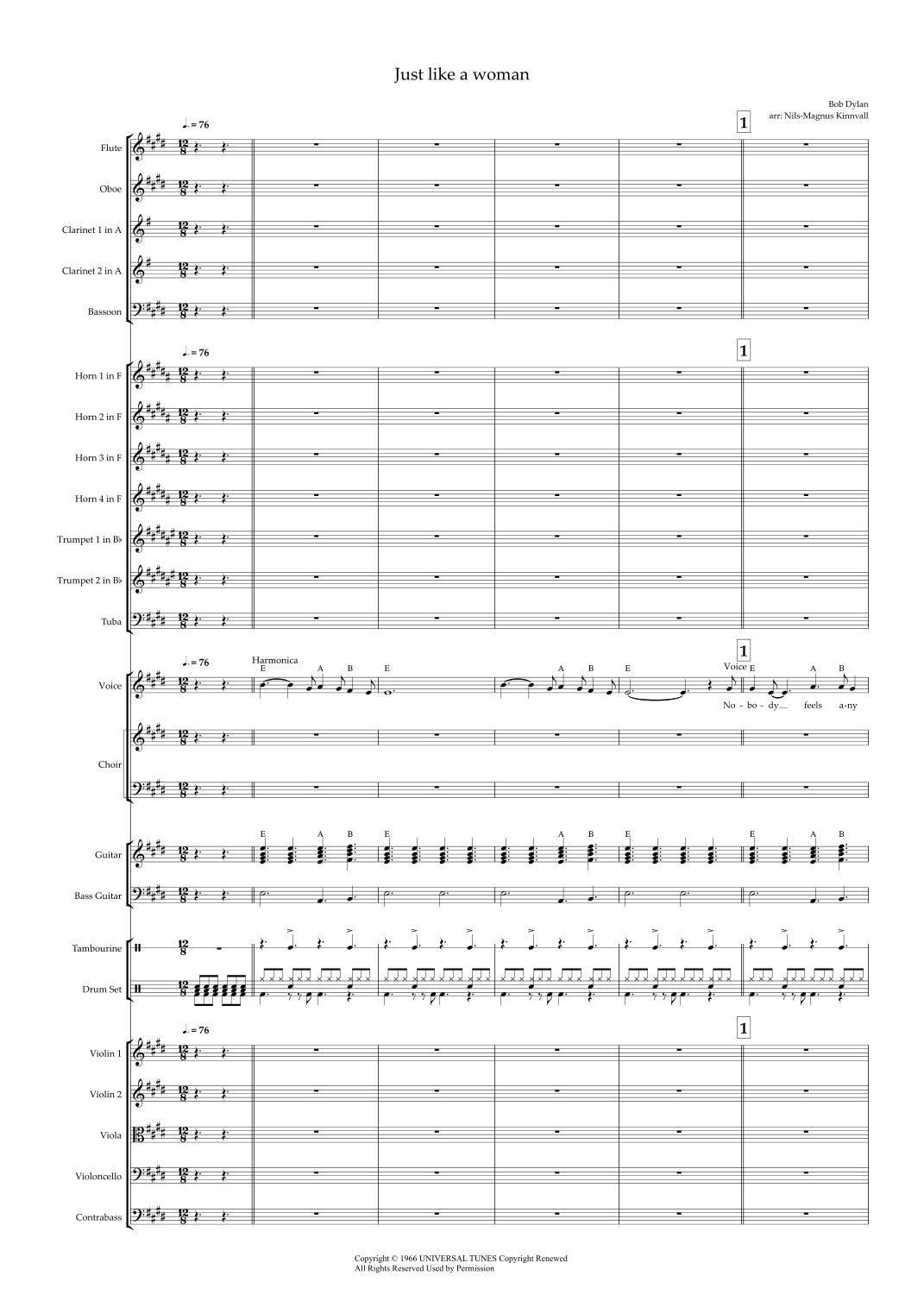 【鲍勃·迪伦《宛若淑女》管弦乐总谱】Just Like A Woman (arr. Nils-Magnus Kinnvall) by Bob Dylan Full Orchestra PDF乐谱下载