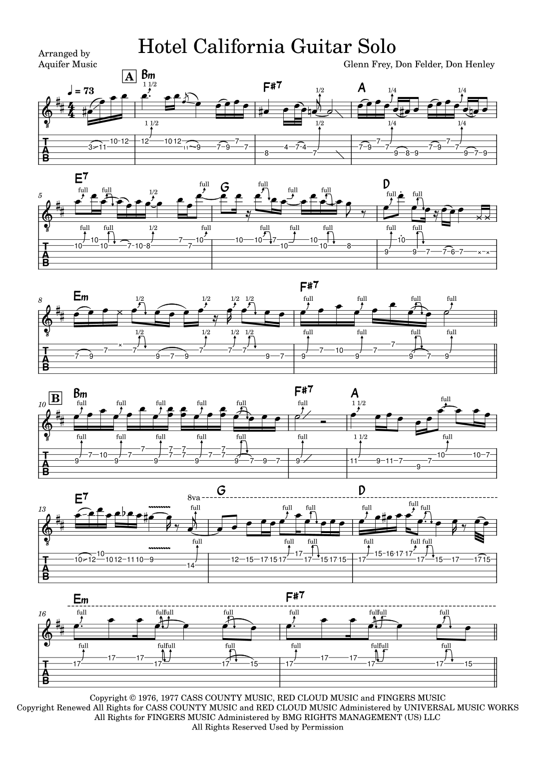 Hotel California by Eagles Sheet Music for Guitar Tab (Single