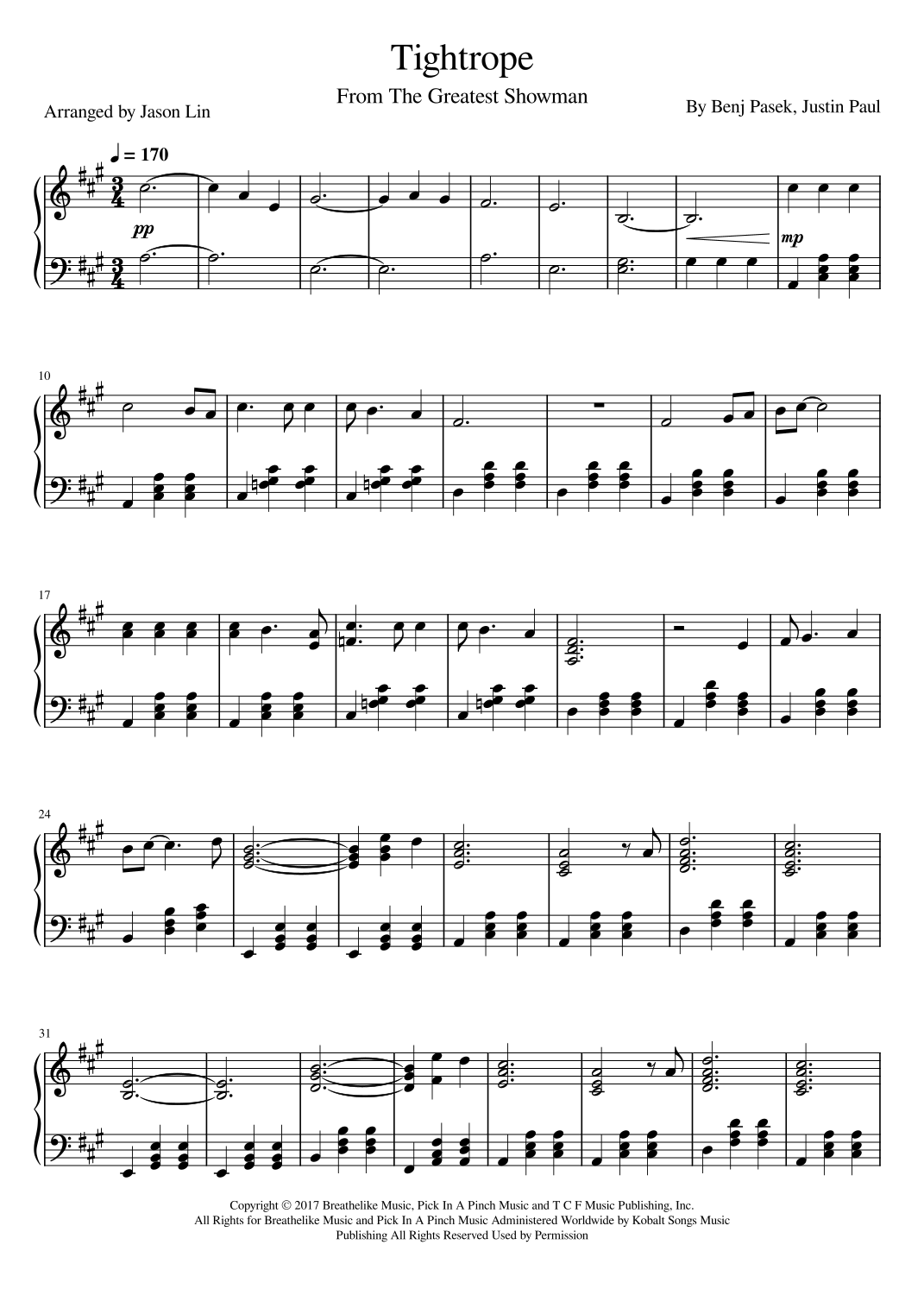 Tightrope (arr. Karen D. Janiszewski) by Justin Paul Sheet Music