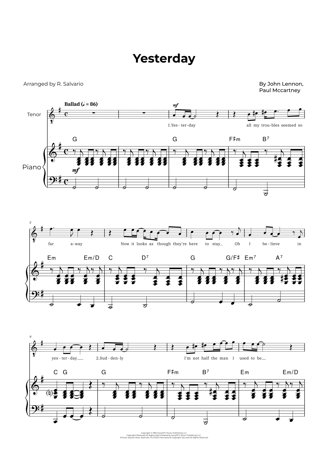 Yesterday by The Beatles Sheet Music for Vocal Solo (arr. R. Salvario ...