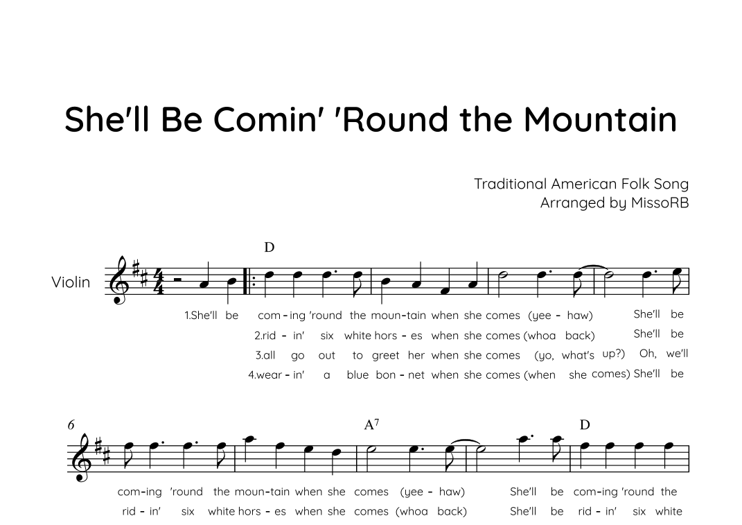 She'll Be Comin''Round the Mountain - Violin in D With Chords & Lyric ...