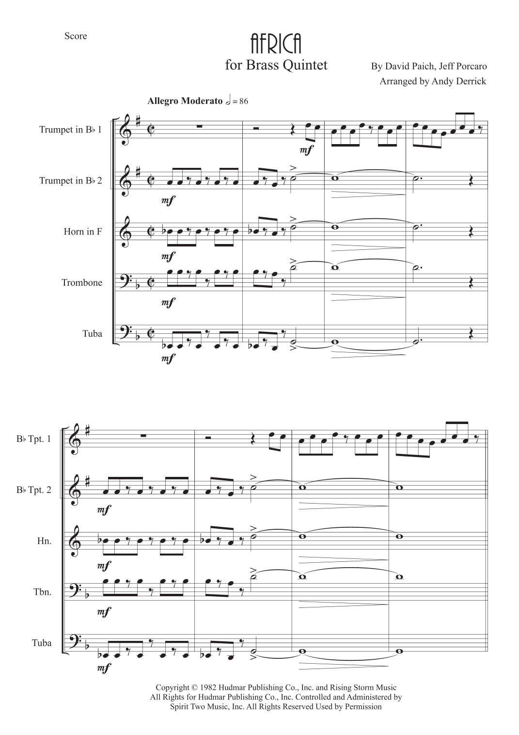Africa (arr. Andy Derrick) by Toto Sheet Music for Brass Ensemble at ...