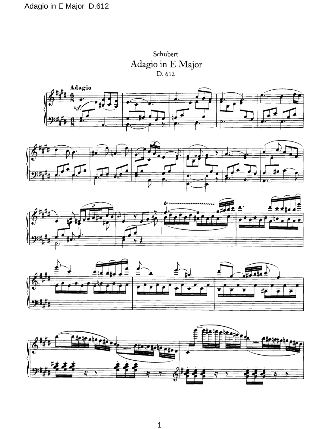 Schubert Adagio in E Major D612 (arr. Andres Padilla) Sheet Music Schubert Piano Solo