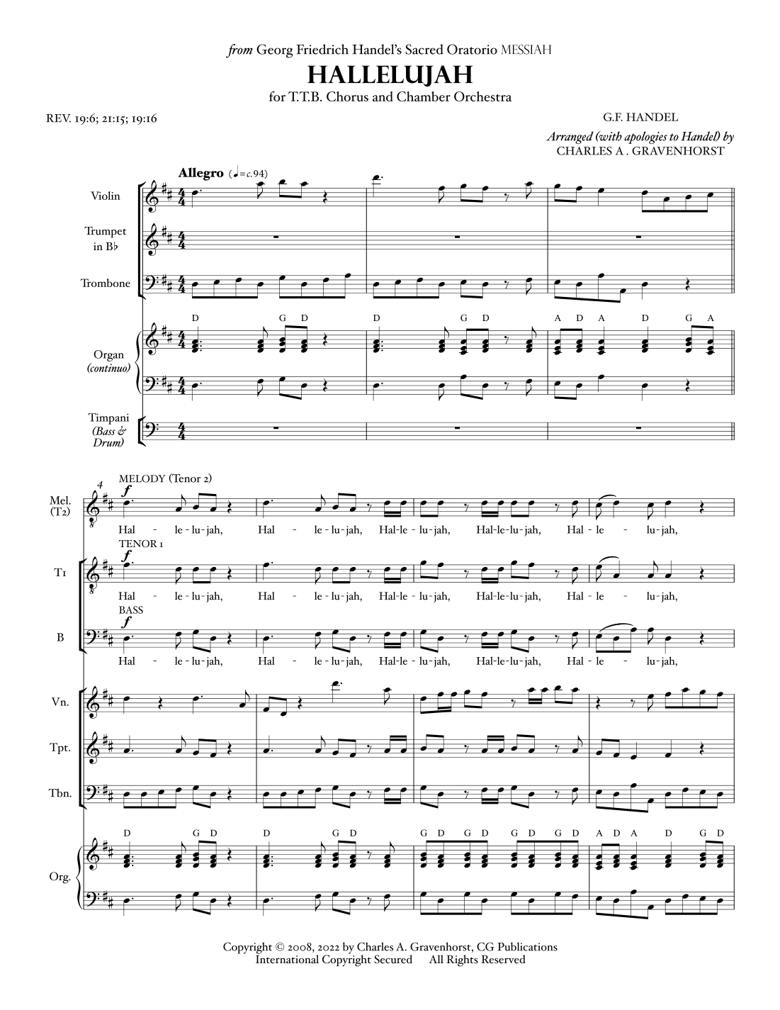 Hallelujah (from “MESSIAH”) for Men’s Chorus (TTB) – FULL SCORE (arr. Charles A. Gravenhorst) by G. F. Handel Chamber Orchestra - 预览 (哈利路亚,选自《弥赛亚》,男声合唱 TTB - 总谱,G. F. Handel 室内乐团)