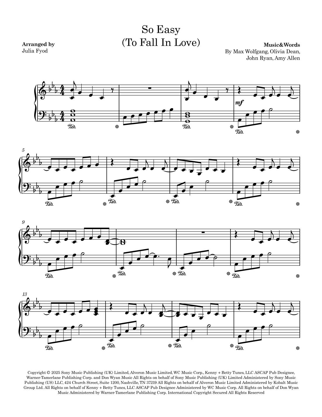 So Easy (To Fall In Love) (arr. Julia Fyod) by Olivia Dean Sheet Music ...