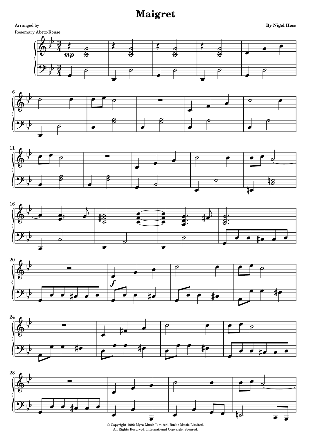 Shet Rouse Maigret (arr. Rosemary Abetz-Rouse by Nigel Hess Sheet Music for Easy ...