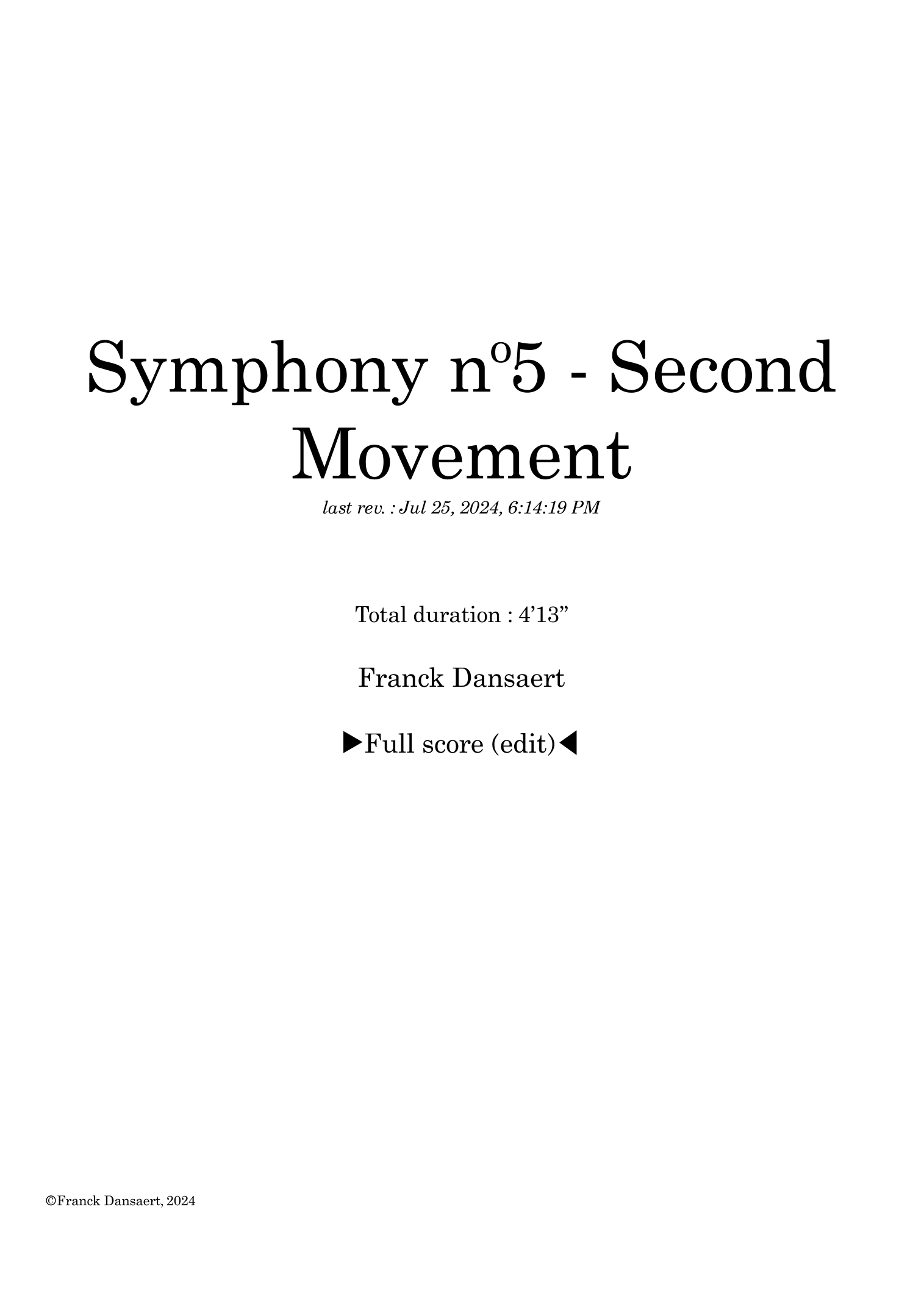 【弗兰克·丹萨特《第五交响曲》（第二乐章）管弦乐总谱】Symphony nº5 (second movement) - Score Only by Franck Dansaert Full Orchestra PDF乐谱下载