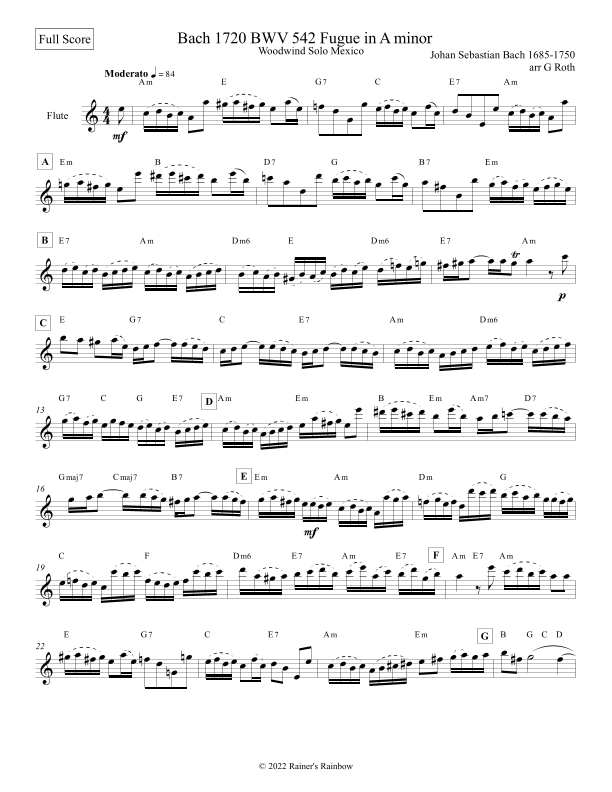 Bach 1720 BWV 542 Fugue in Am or Gm Flute Solo Sheet Music Rainer's