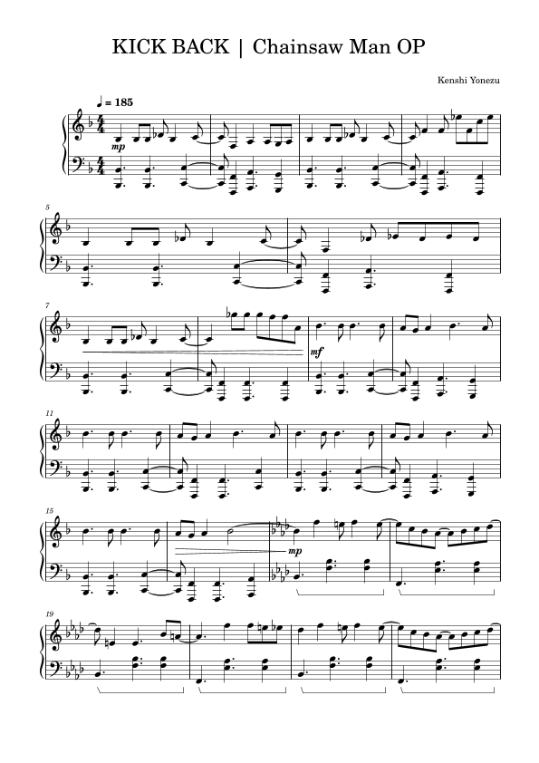 Kick Back Chainsaw Man Op Sheet Music Kenshi Yonezu Piano Solo
