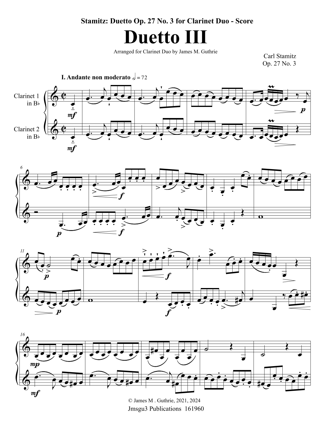 Interactive Digital Sheet Music preview of 'Stamitz: Duet Op. 27 No. 3 for Clarinet Duo (arr. James M. Guthrie)' by Carl Stamitz, Clarinet Duet page 1